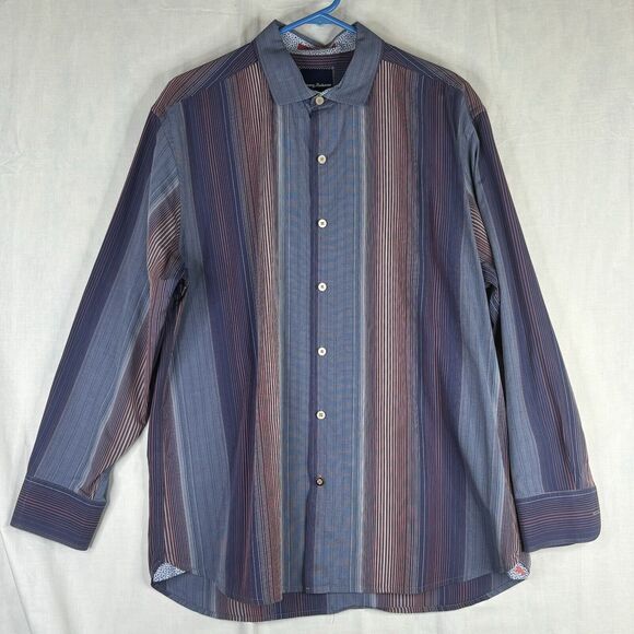 Tommy Bahama Shirt Mens Large‎ Blue Pink Stripe Logo Button Up 100% cotton - Picture 2 of 14